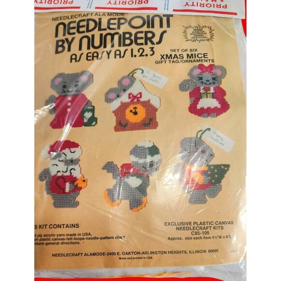 Needlepoint By Numbers Xmas Mice Set Of Six Gift Tag/Ornaments Exclusive Plastic - Picture 1 of 10